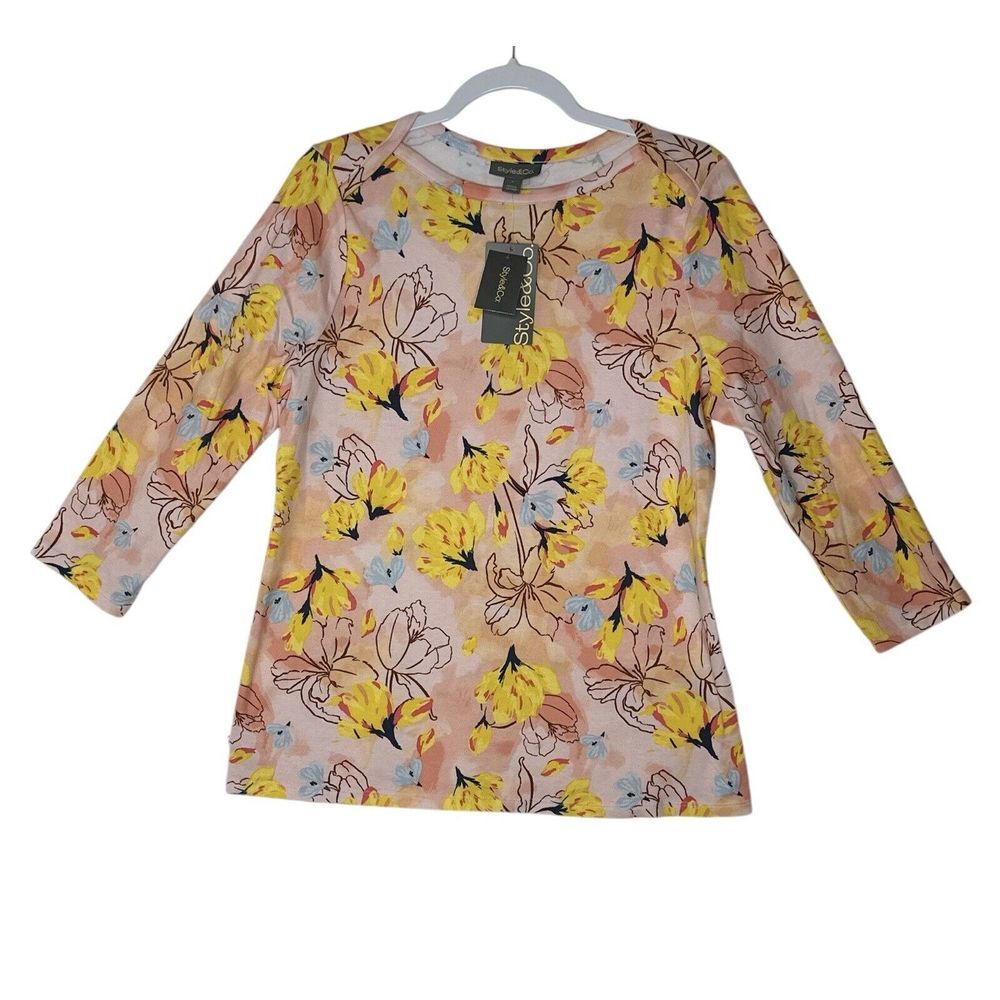 New Style & Co Blouse Women Large Shirt Pull Over Flower Stretch Boho Classic